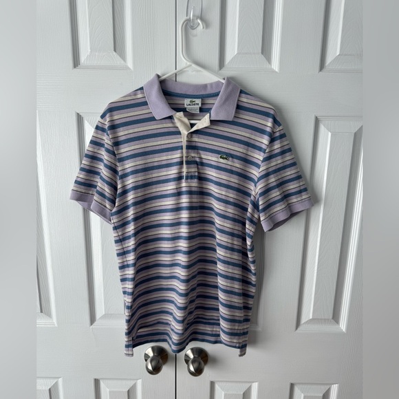 Lacoste Purple Blue White Stripes Polo Shirt L - Picture 2 of 6